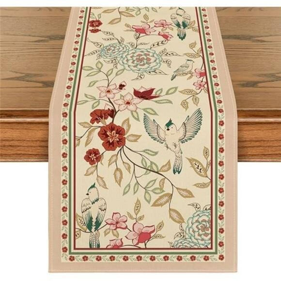 Spring floral table runner with brown birds and blossom print dining room decor - Picture 7 of 7